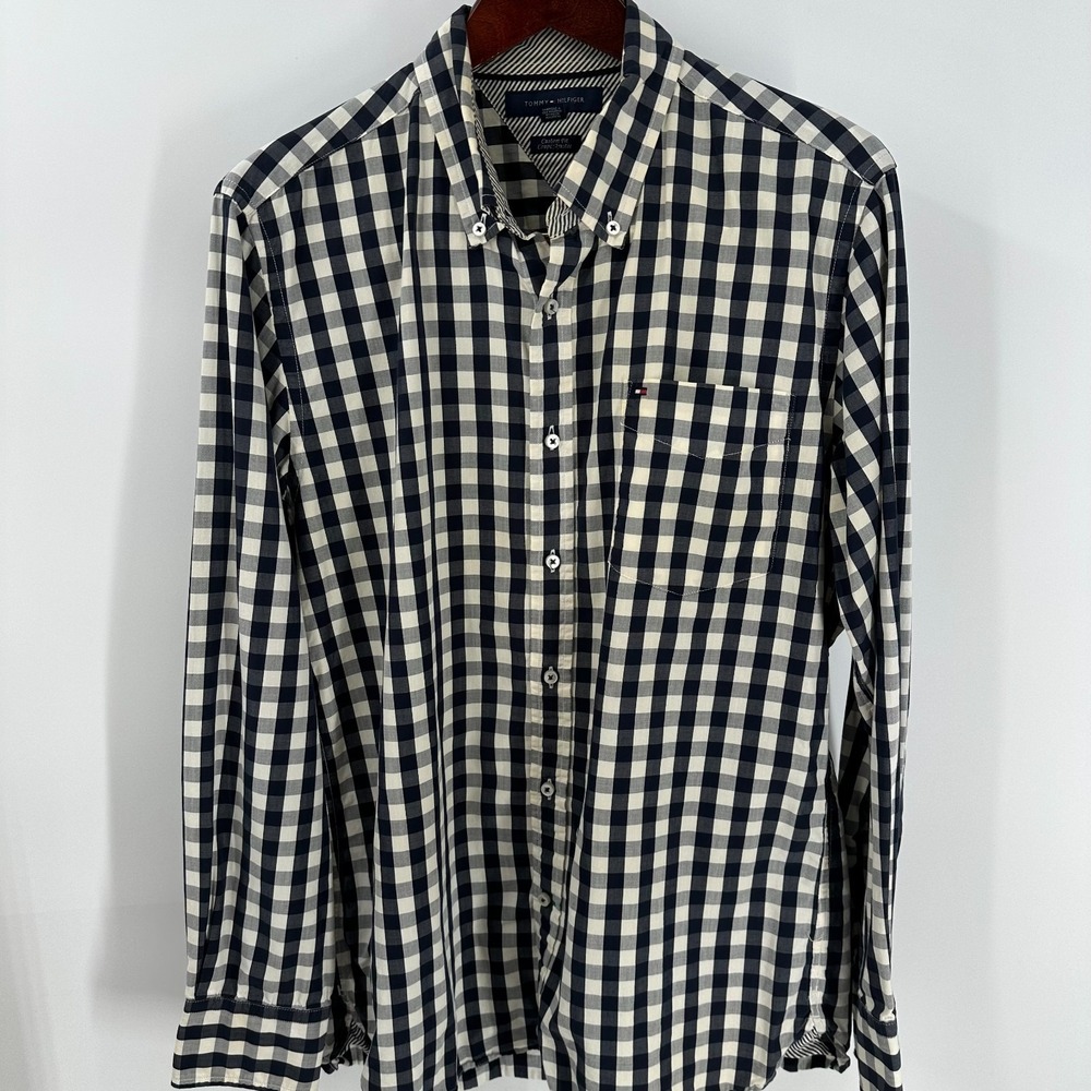 Tommy Hilfiger Gingham Custom Fit Oxford Button Down Shirt White Black Size L